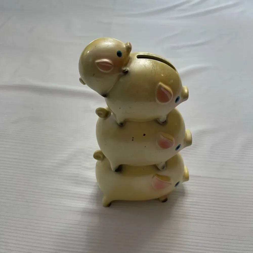 Ceramic Piggy Bank VTG Four Stacked Pigs Shimmering Yellow Piggy Bank